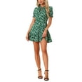 thumbnail image 4 of INSPIRE CHIC Women's Ruffle Floral Bow Tie Chiffon Puff Short Sleeve Fit & Flare Dress M Green White, 4 of 5