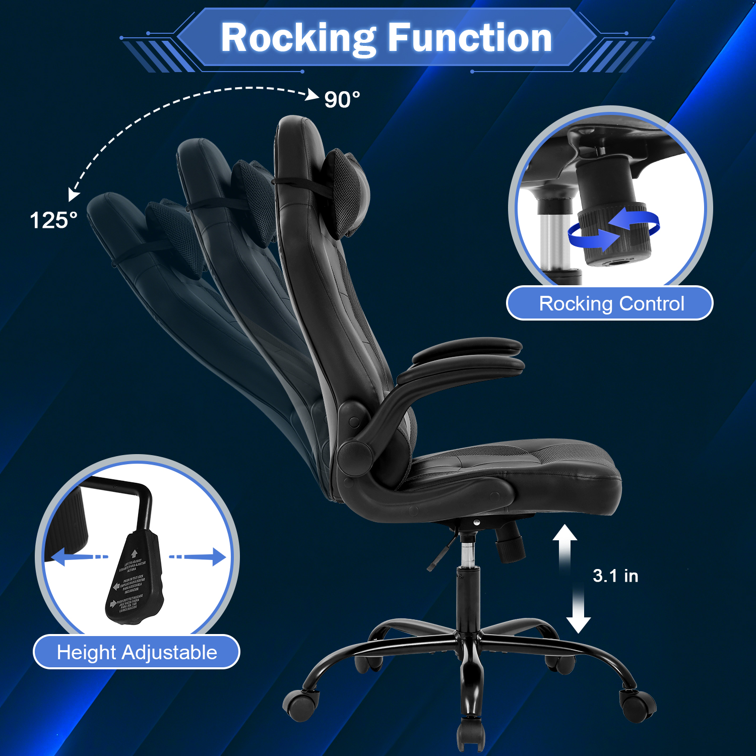 Video Game Chair High Back Gaming Chair PU Leather Racing Chair with Headrest Lumbar Support & Flip-up Arms , Adjustable Gamer Chair for Adults & Kids, Black