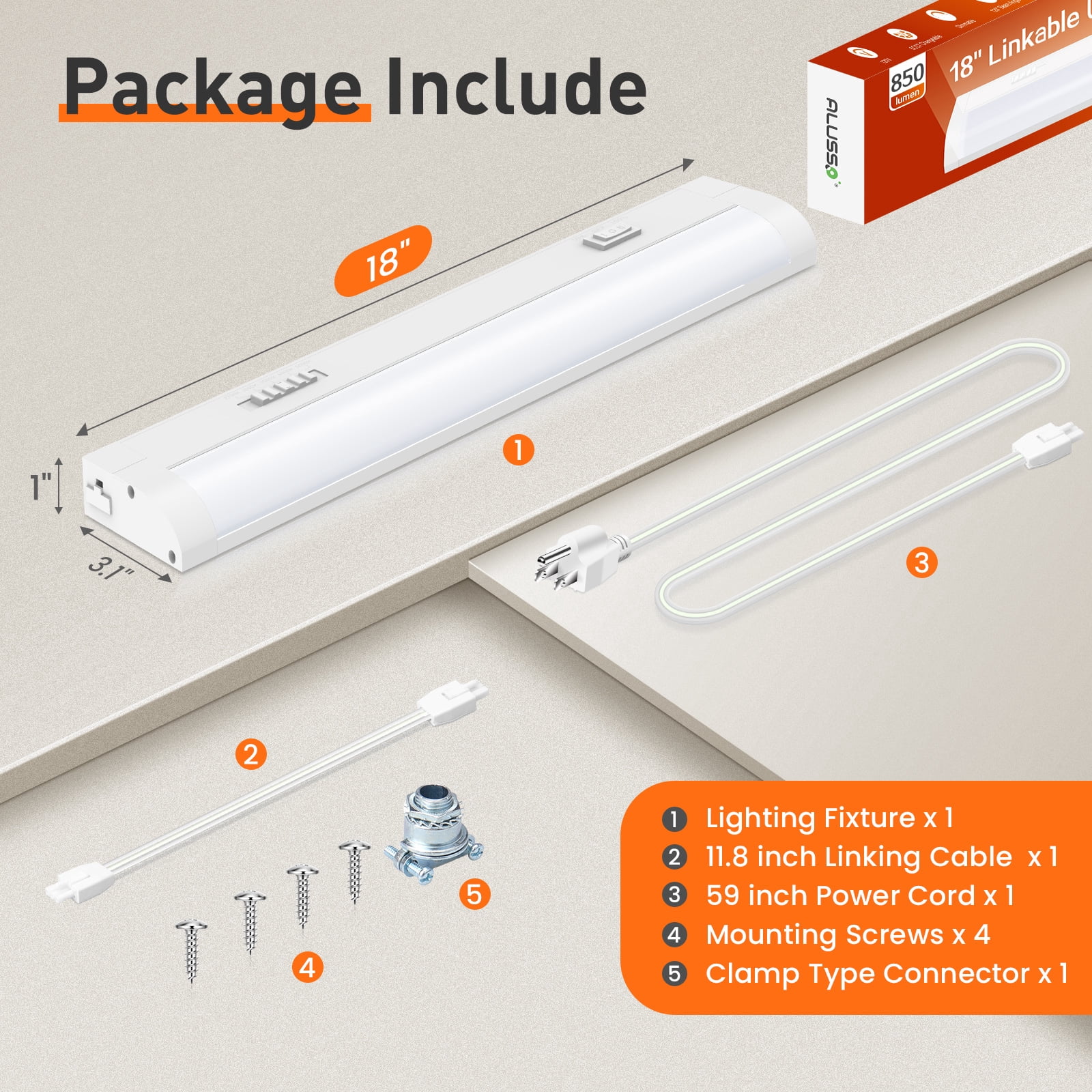ALUSSO Under Cabinet Lighting 18 inch Dimmble Plug in 5CCT Linkable Hardwired Fixture