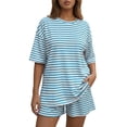 thumbnail image 2 of Summer Pjs for Women Set Striped Oversized Matching Tops and Shorts Pajama Sets Soft Loose Fit Lounge 2 Piece Set, 2 of 6