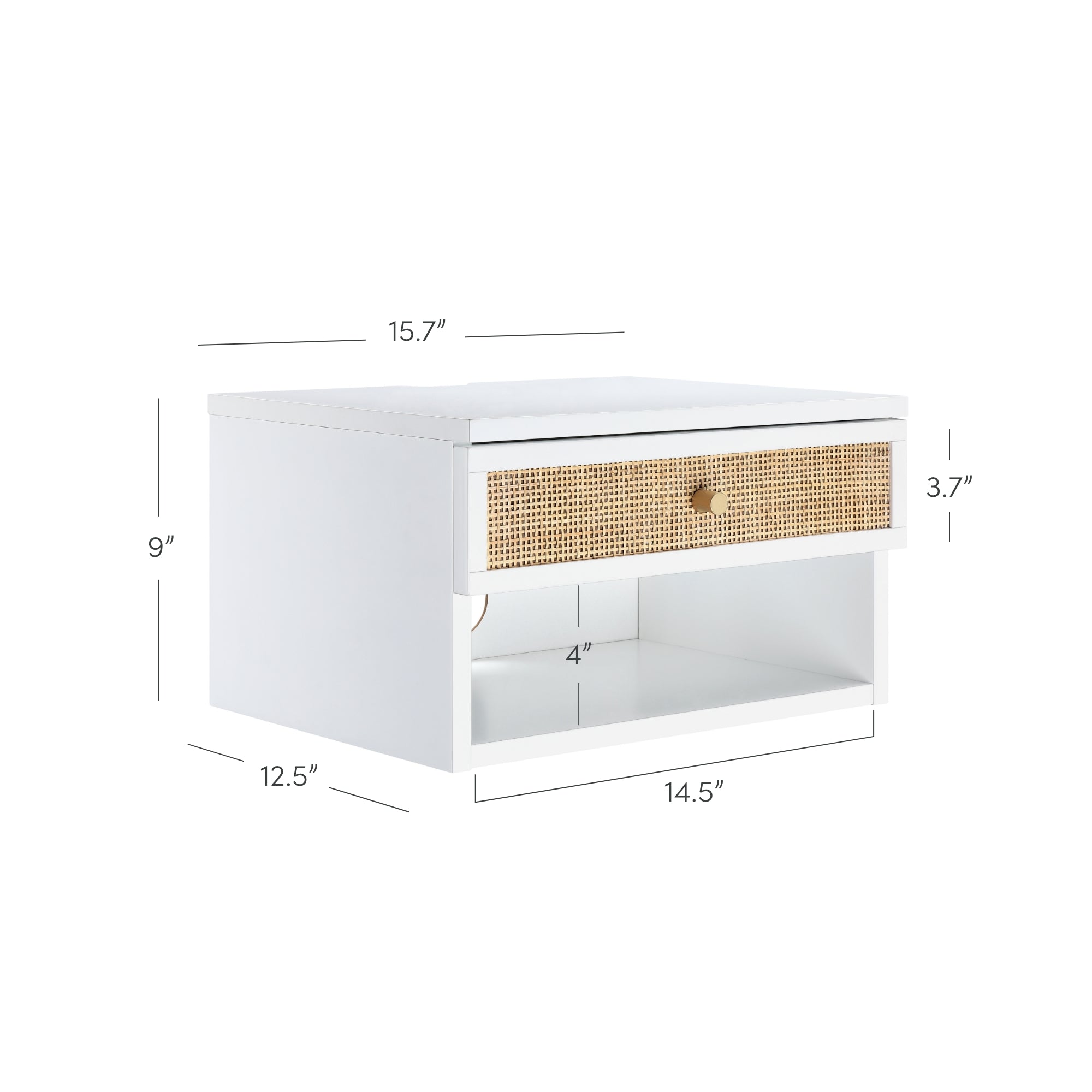 Nathan James Jackson Wall Mounted Rattan Floating Bedroom Nightstand with Storage Drawer and Modern Open Shelf Cubby, White/Rattan