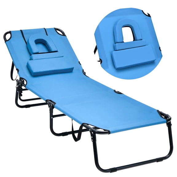 Topbuy Beach Chaise Lounge Chair Adjustable Face Down Tanning Chair w/ Face Hole and Removable Pillow 5 Adjustable Positions Blue