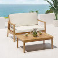 Outdoor Double Sofa and Coffee Table Leisure Combination Set, Acacia Wood Conversation Furniture for Patio Garden, Teak and Beige