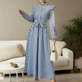 thumbnail image 2 of MORTTIC Women's Floral Print A-Line Stand Collar Elegant Lantern Long Sleeve Maxi Dress Waist Detail Ruffle Hem Blue S, 2 of 6