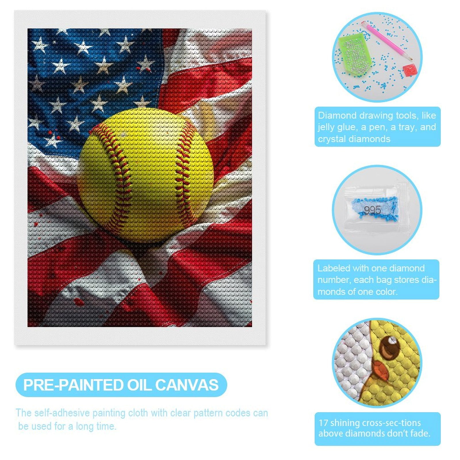 Diamond Art Kits for Adults, Yellow Softball American Flag 5D Diamond Painting Kits for Adults Beginners, DIY Full Drill Diamond Painting, Gem Art and Crafts 12x16
