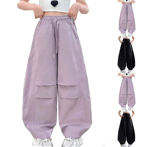 SGFCWSX Girls Parachute Pants Elastic Waist Wide Leg Baggy Lightweight Breathable Loose Casual Y2K Pants for Kids Daily Wear Purple Size 10-11 Years