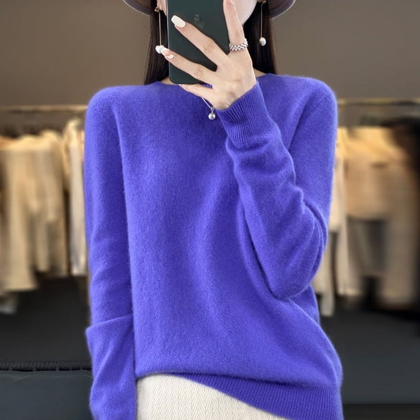 Suéter de punto de lana pura para mujer, fino, de cuello redondo, manga larga, holgado, camisa de base de lana