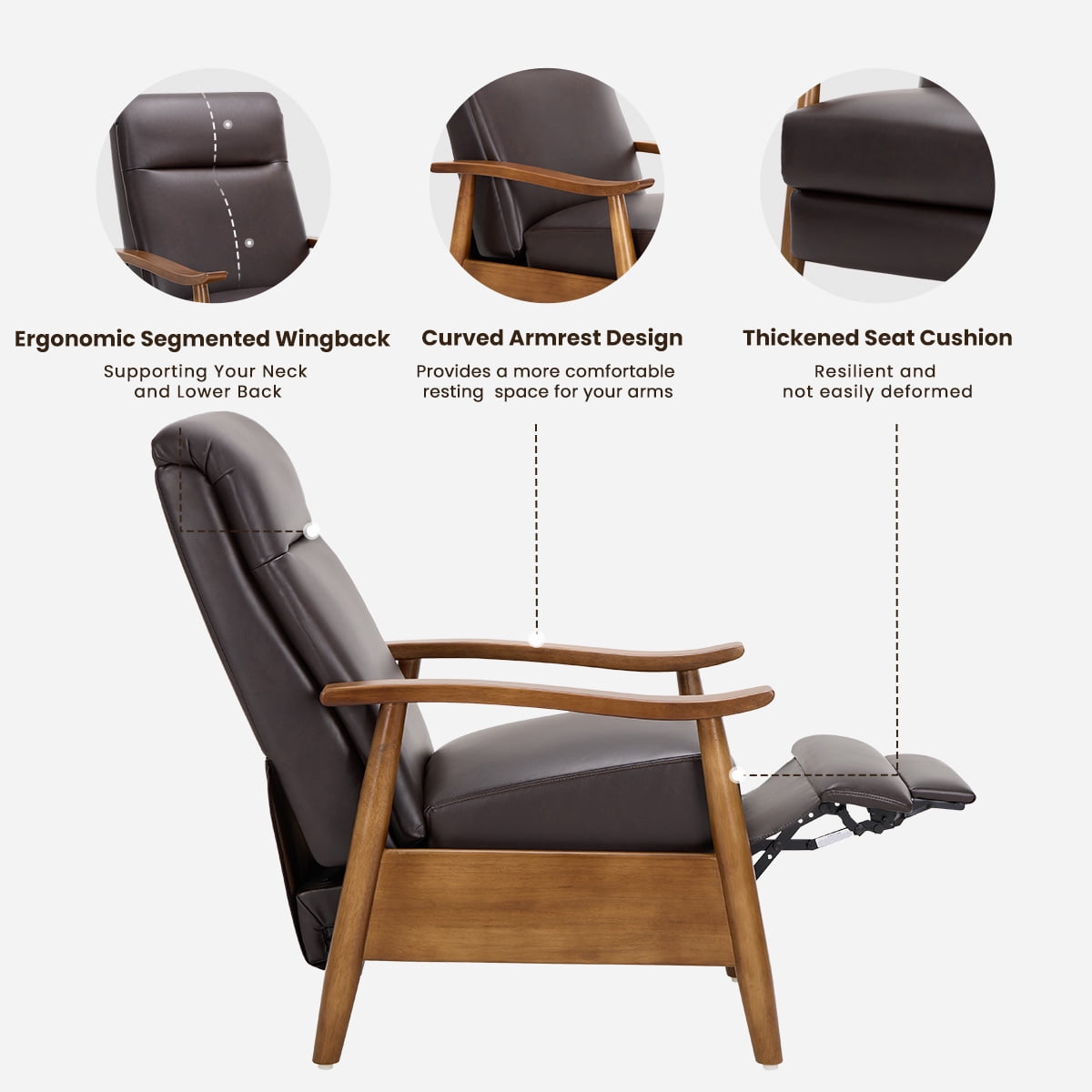 AFO Mid Century Recliner Chair Set of 2, Leather Push Back Armchair with Retractable Footrest, Solid Wood Legs, High Back Lounge Chair for Living Room, Chocolate