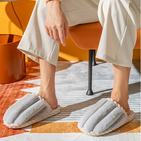 

Aueoeo Slip on shoes women Winter Cotton Slippers Men Women Indoor Stripe Warm Plush Shoes Outdoor Couple Cotton Slippers