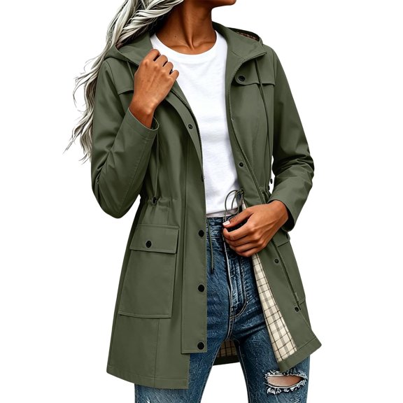 JULMCOMO Women's Rain Jacket Waterproof Drawstring Waist Hooded Rain Trench Coat Cargo Jacket Outdoor Windbreaker with Snap Pockets Army Green L
