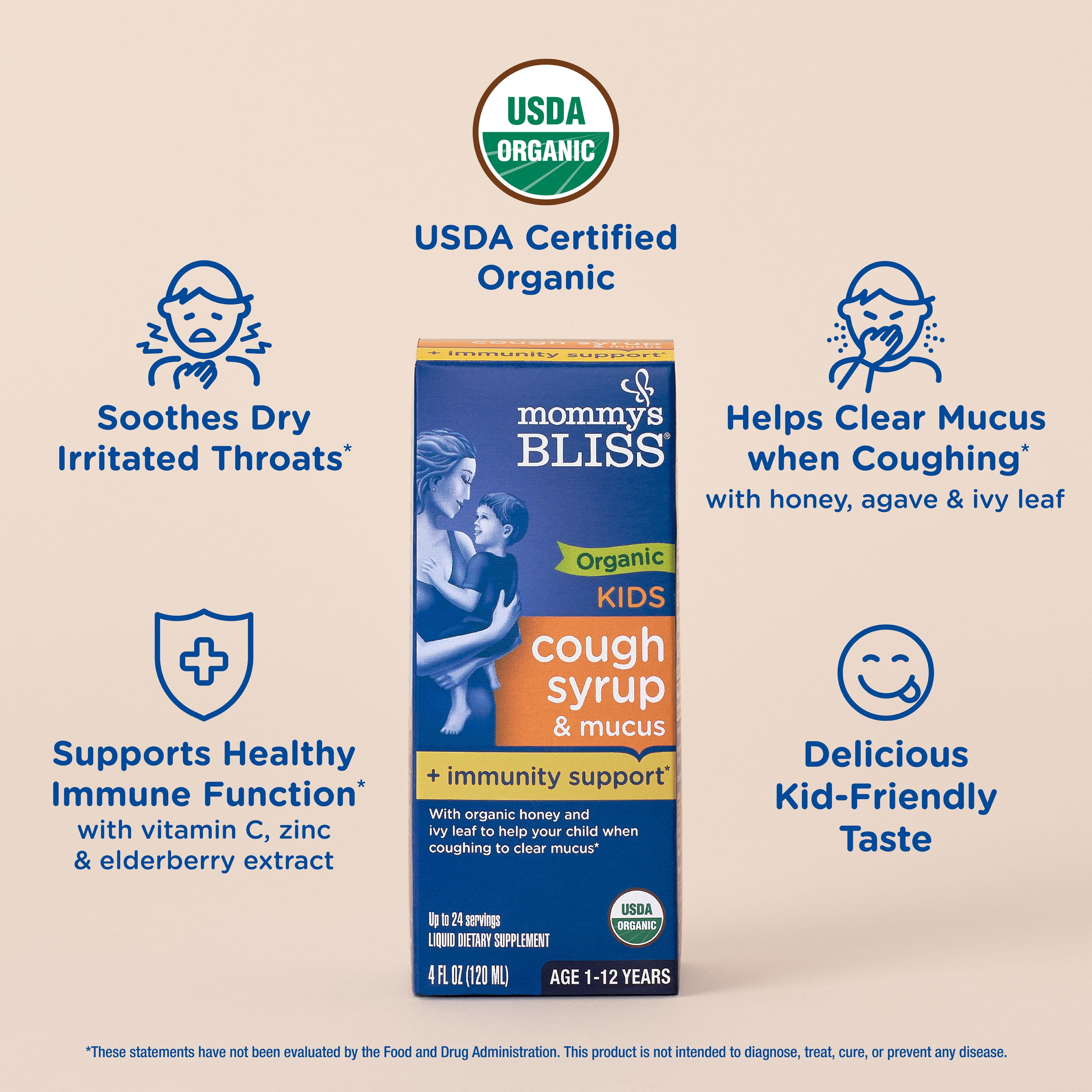 (4 pack) Mommy's Bliss Kids, Organic Cough Syrup + Immunity Support, 1-12 Yrs, 4 fl oz (120 ml)