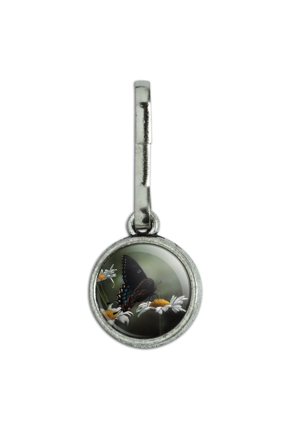 Black Swallowtail Butterfly and Daisies Antiqued Charm Clothes Purse Suitcase Backpack Zipper Pull Aid