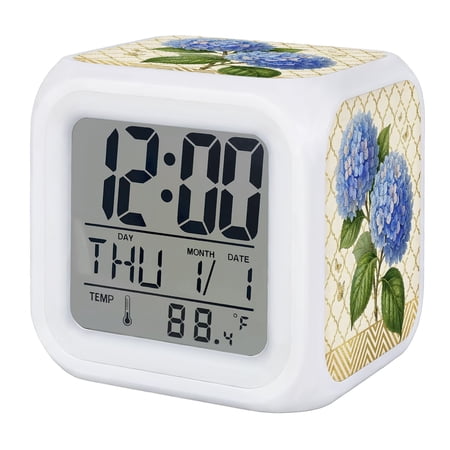 Farmhouse Blue Hydrangea Digital Alarm Clock for Bedrooms,Smart LED Alarm Clock with 7 Color Changing Night Light,Rustic Country Flowers Blossom Silent Wake Up Clocks for Sleep Study 3.2x3.2