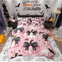 Feelyou Teen Bowknot Pumpkin Bedding Comforter Set 7-Piece, Black Pink Halloween King Bedding Sets, Kawaii Ghost Bat Reversible Bed Sheets, Super Cozy Room Decor
