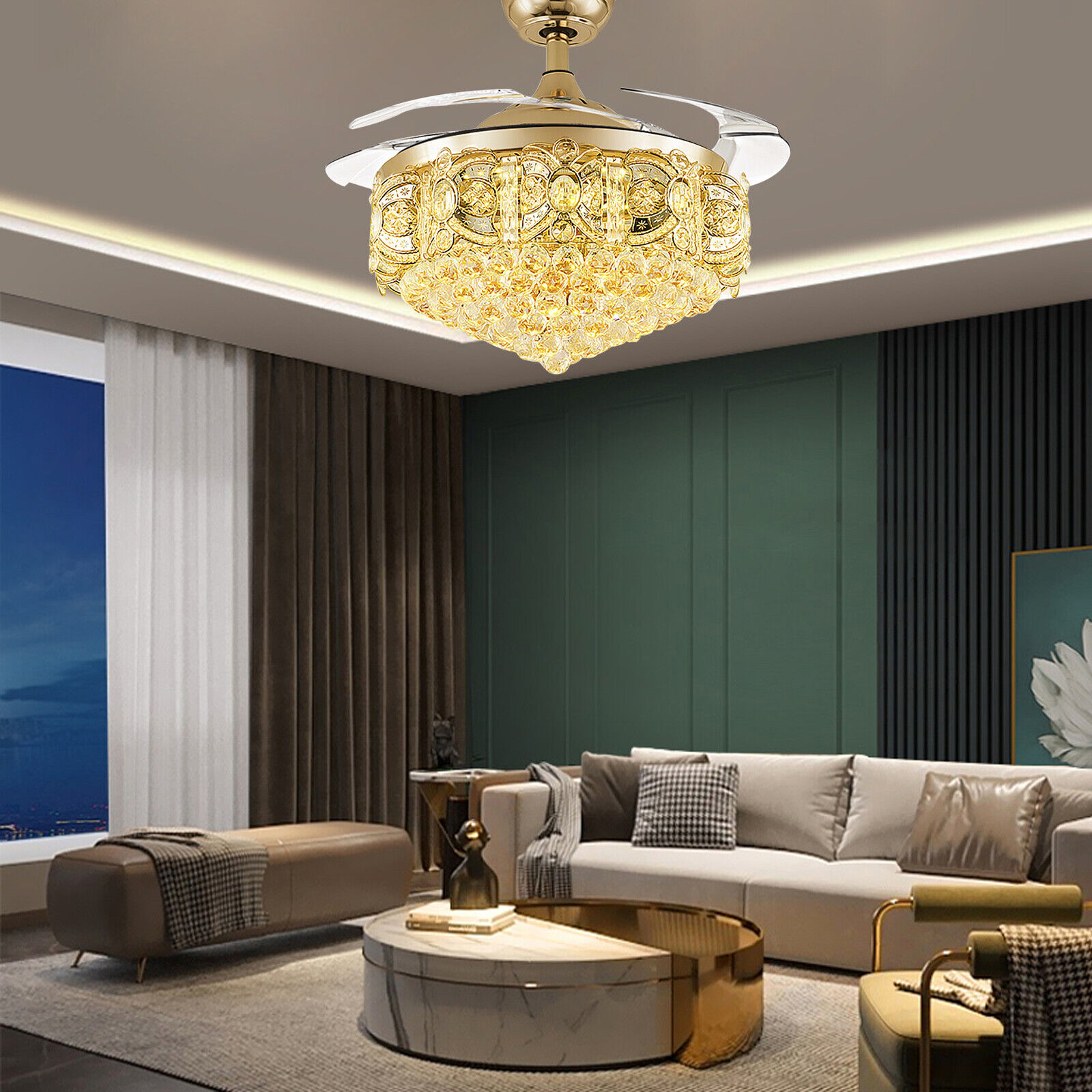 Modern 42" Crystal LED Invisible Ceiling Fan Chandelier Lamp Light Led Lighting W/Remote Gold for 8-25㎡, Living Room, Ding Room, Bedroom
