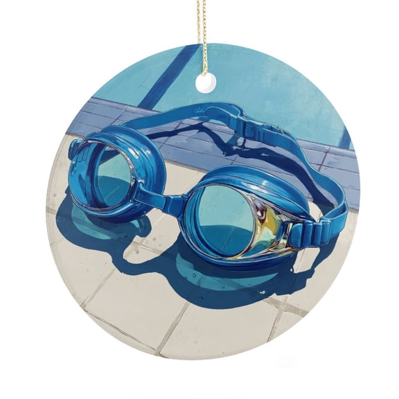 Ornament Swim Goggles 3" Circle Ceramic Ornament Blue Swimming Goggles Design Christmas Tree Hanging Accessories Merry Xmas for Family & Friends