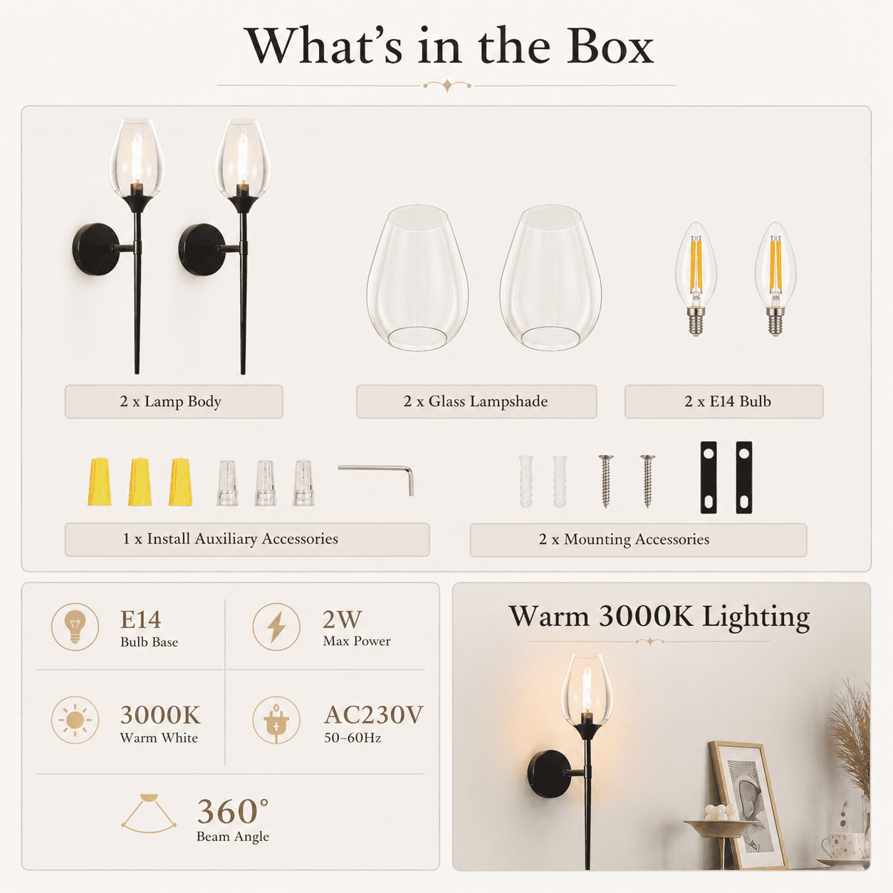 Laybasic 23.8" Modern Glass Wall Sconce Set of 2 with E14 LED Bulb Included, Elegant Wine Glass Shade Bathroom Vanity Light, Black Finish Decorative Wall Lamp for Bedroom Living Room Hallway Mirror