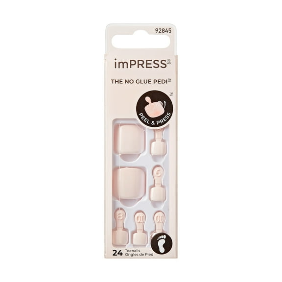 KISS imPRESS No Glue Needed Press On Nails, Toenails, Spun Sugar, Pink, Short Squoval, 24 Count