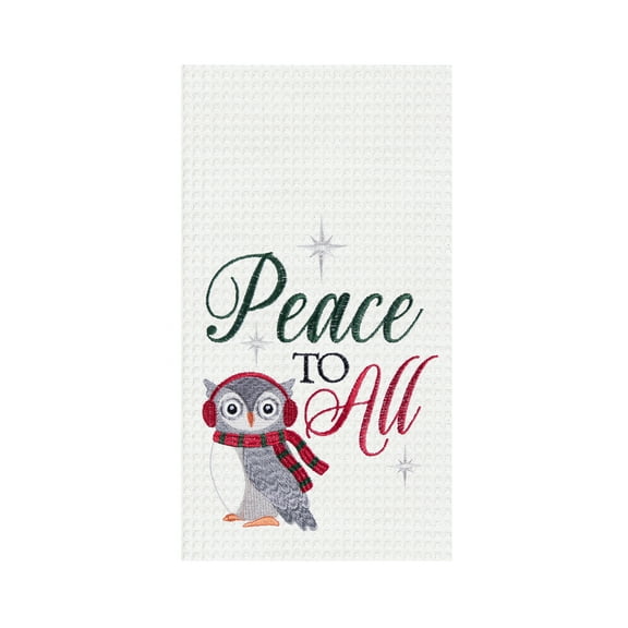 27" x 18" Christmas Holiday "Peace To All" Sentiment Featuring Gray Owl Cotton Embroidered Waffle Weave Kitchen DishTowel