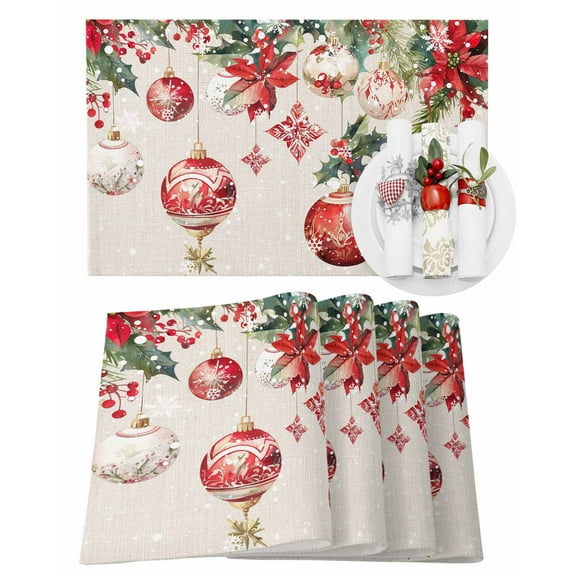 Christmas Placemats Set of 6, Poinsettia Red Christmas Ball Place Mats Holly Berry Snowflake Placemat Table Decoration for Kitchen Table Dinner Xmas Holiday Party Decor Indoor Outdoor 13x19 Inch