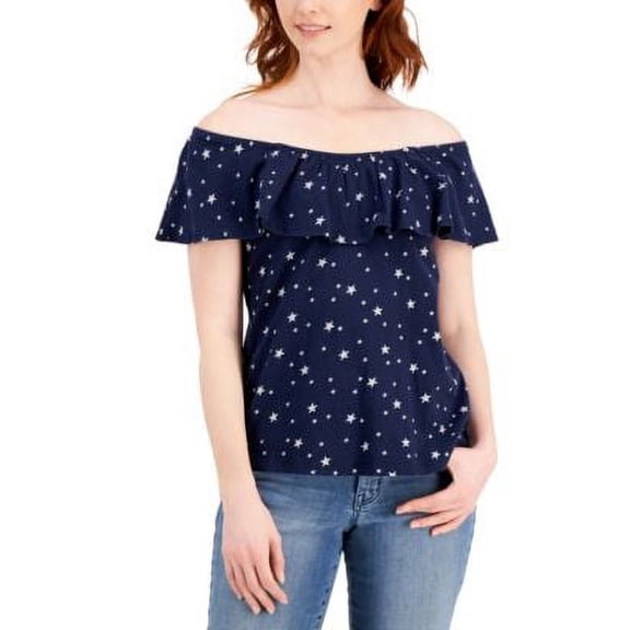 MSRP $50 Style & Co Cotton Convertible Star-Print Top Navy Size Large