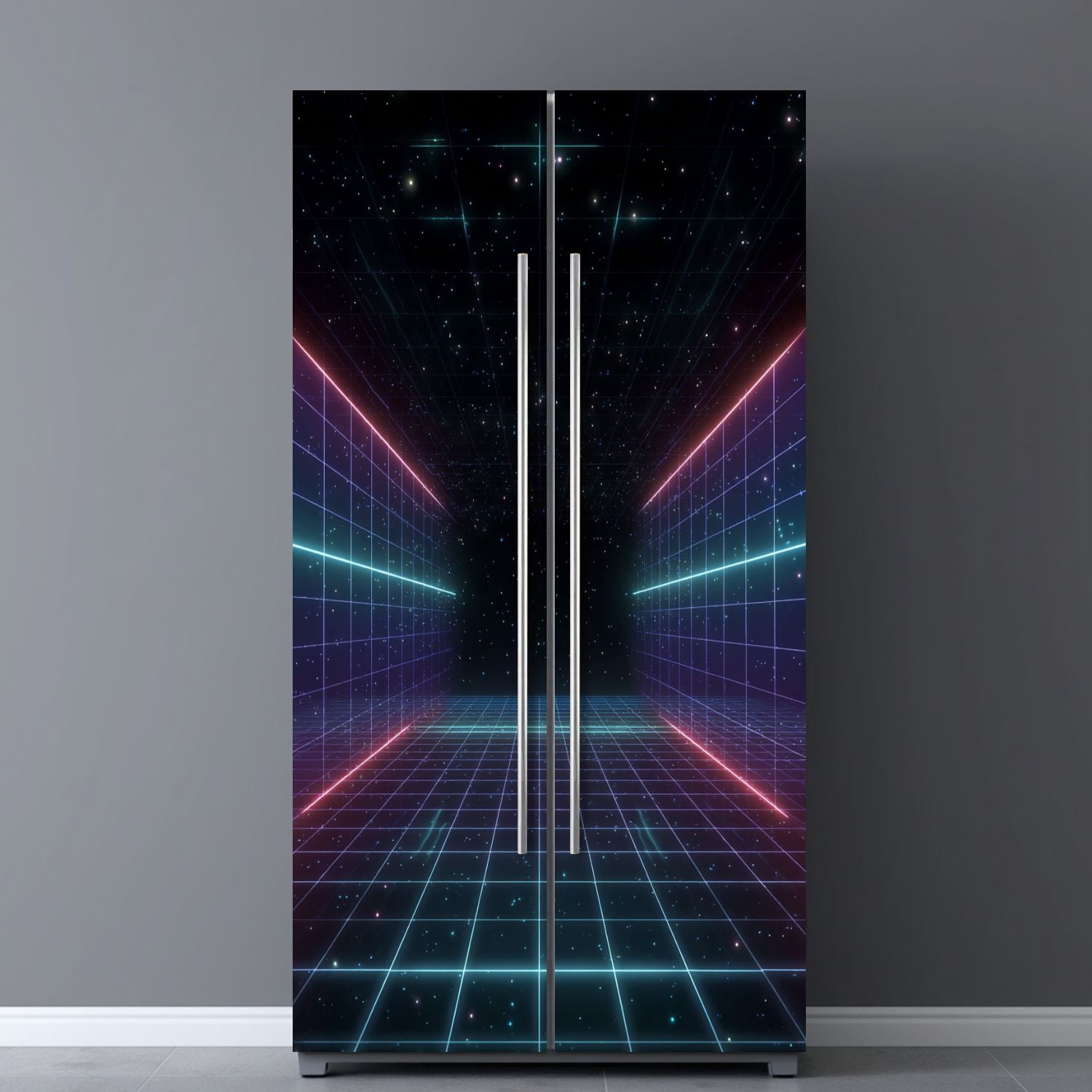 Self Adhesive Vinyl Refrigerator Wrap Set Vaporwave retro Abstract grid tunnel Door Mural Removable Fridge Sticker Peel and Stick&nbsp;Full Door Cover Decal Kitchen Bar Decor