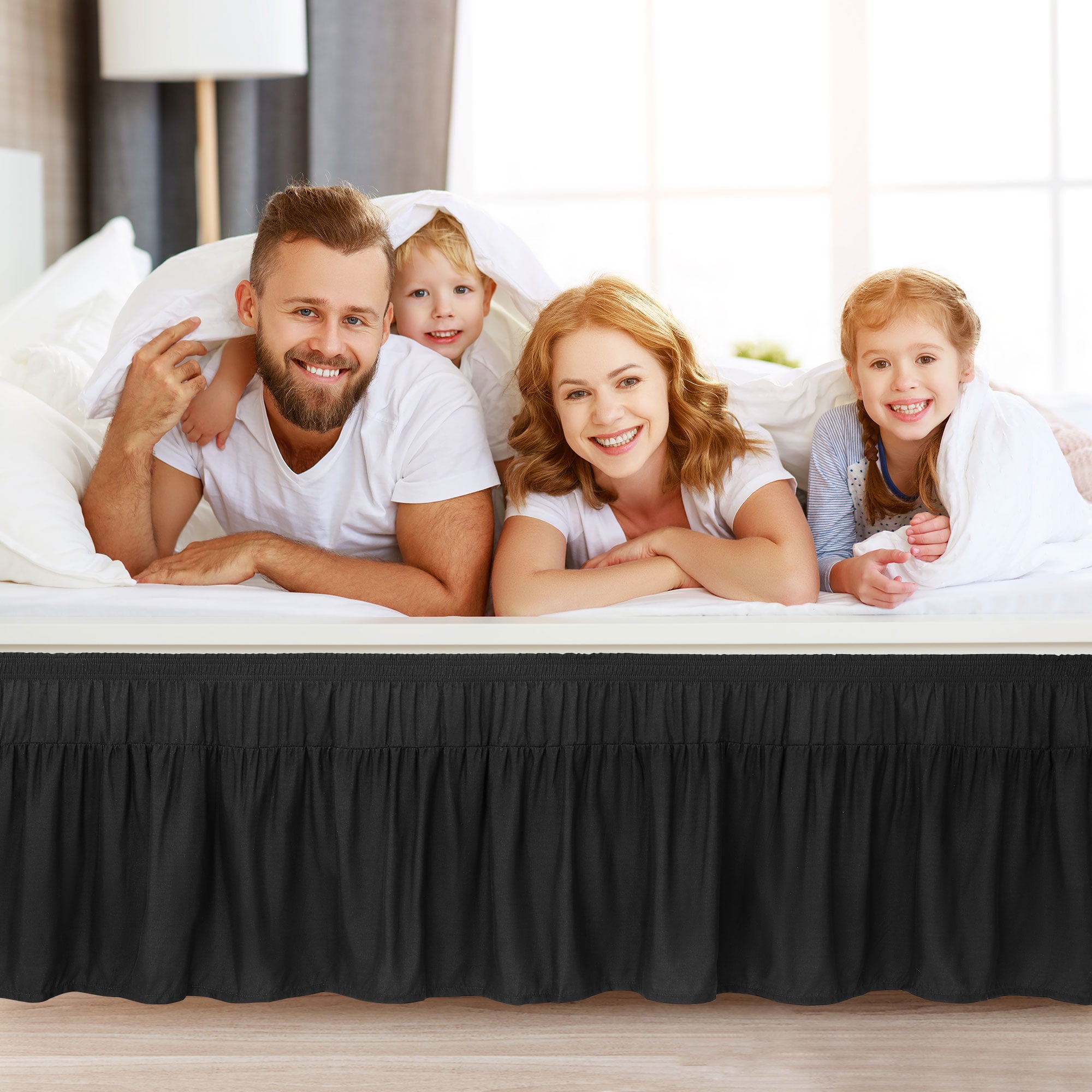 PiccoCasa Polyester Brushed Bed Skirt with Elastic Dust Ruffles 16" Drop, Queen Black