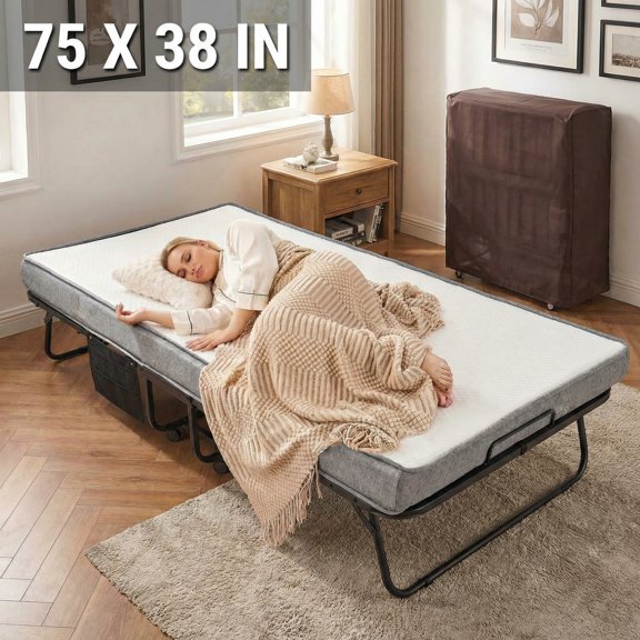Naipo 38 in Folding Bed with Mattress 75 in x 38 in Rollaway Bed Portable Side Pocket and 360 Degree Universal Wheel for Adults and Guest