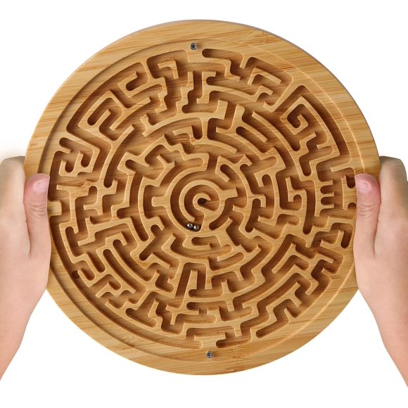 Round Wooden Labyrinth Game - Marble Maze for Education and Fun, Toddler Activity Board, Brain Teaser Puzzle Logic Game with Two Metal Balls for Kids, Adults, Teens, Boys, and Girls