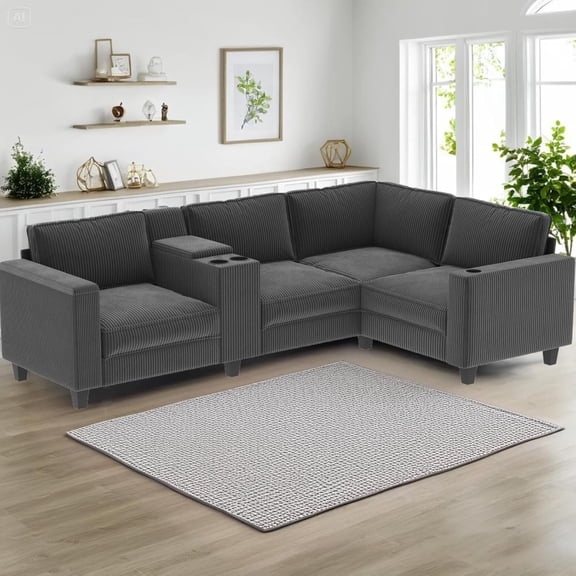 105.5'' Corduroy L-Shaped Sectional Sofa with USB Charging,Large Storage Armrests,Three Cup-Holder,sectional couches for Living Room,Left and Right Seats can be Switched