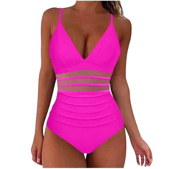cocolona Womens One Piece Tummy Control Swimsuits Summer Solid Color V Neck Mesh Patchwork Bathing Suit
