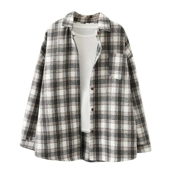IROINNID Women's Shacket Jacket Turndown Lapel Plaid Long Sleeve Casual Single-breasted Cardigan Shirt Button Lattice Coat, Black