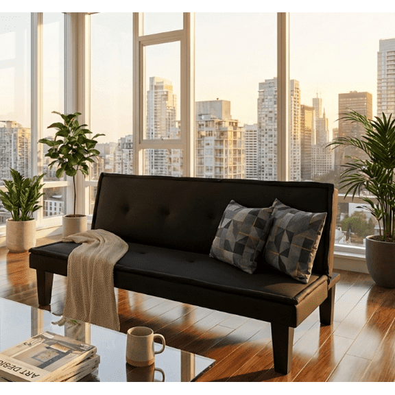 BSHTI Versatile Futon Sofa Bed, Upholstered in Soft Faux Suede Fabric, Twin Size, 3-Position Adjustable Backrest, BLACK