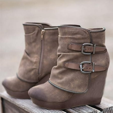 

Zpanxa Shoes for Women Round Toe Slope Heeled Clan Style Comfy Casual Shoes Solid Outdoor Shoes Khaki Womens Shoes 43