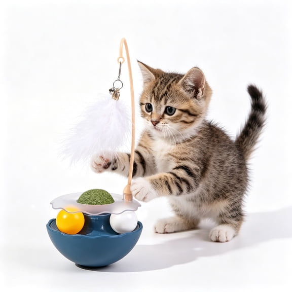 3 in 1 Interactive Cat Toy, Feather Wand Cat Teaser Toy with Bell, Cat Track Ball & Catnip Ball Combo, Self Play Wobble Kitten Toy for Indoor Cats