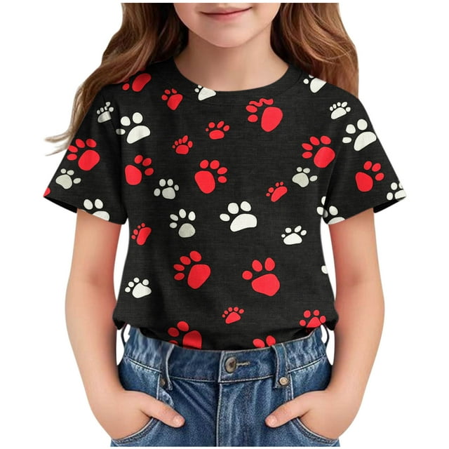 Zpanxa T-Shirts Athlétiques pour Filles Imprimé Étoile Col Rond Manches Courtes Haut Décontracté Polyester Spandex 11 Ans