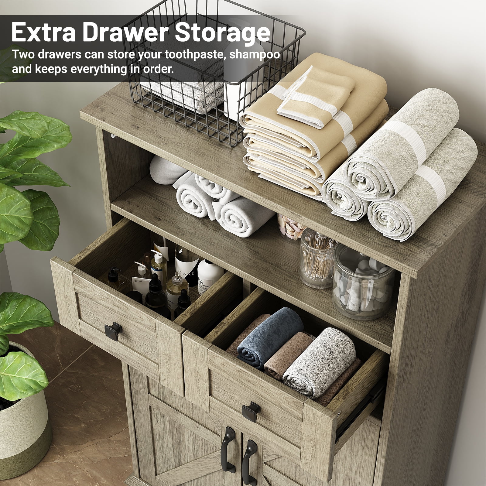 Farmhouse Bathroom Storage Cabinet, Freestanding Bathroom Floor Cabinet with Doors and Drawers, 41.3" H Bathroom Organizer with Adjustable Shelf, Gray