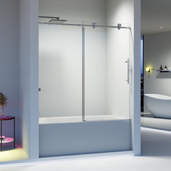 56-60"Wx60"H Frameless Single Sliding Soft-Close Door, 5/16"(8mm) SGCC Glass, Brushed Nickel