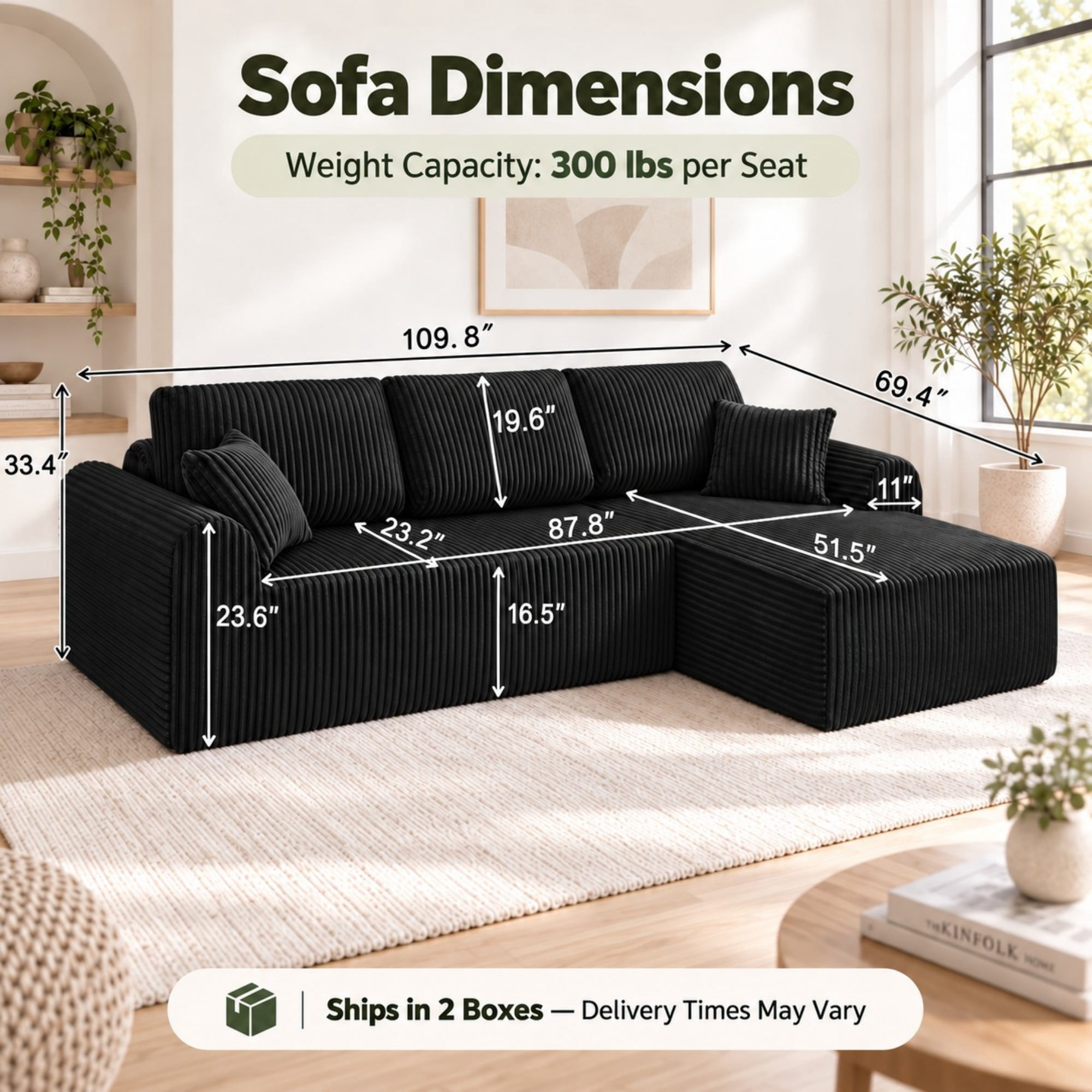 DEALTOPS 109" Corduroy L-Shape Floor Cloud Couch, Deep Seat Modular Sectional Sofa, Right Chaise, Black