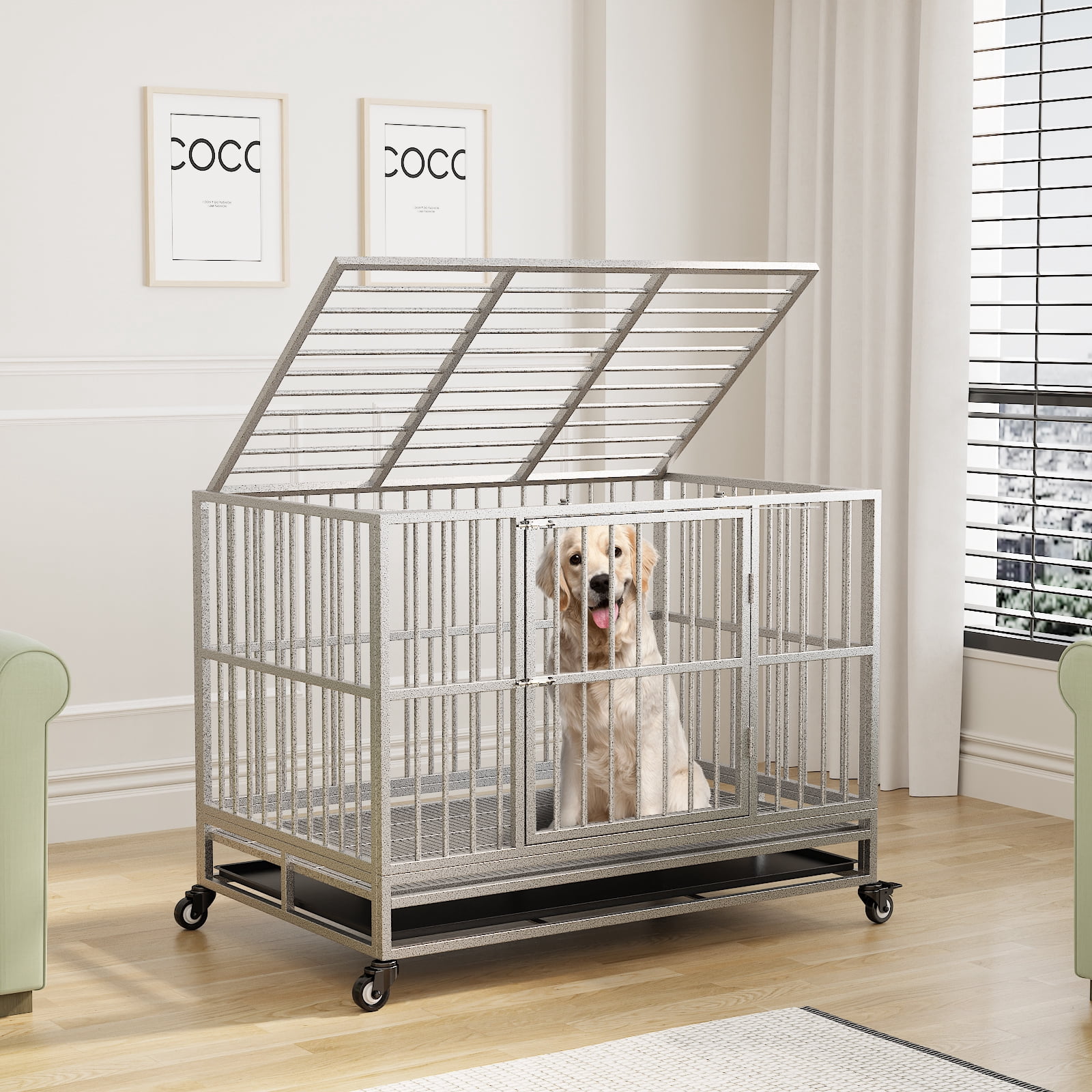 Walnest (48in) Large Dog Crate Rustproof Sturdy Dog House silver Dog Crate with Double Doors For Small and Medium Dogs