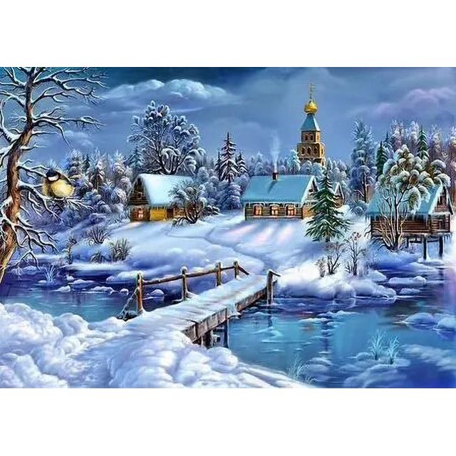 GATYZTORY-Cuadro de pintura de diamante redondo y cuadrado para niños y adultos, mosaico de punto de cruz, casa de nieve, regalo para el hogar