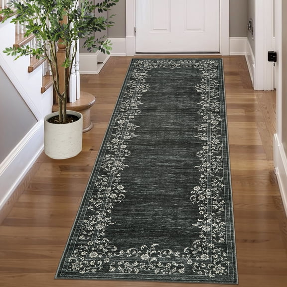 Floral Washable Rugs Non-Slip Low Pile - Polyester Area Rug for Living Room, Bedroom, Office