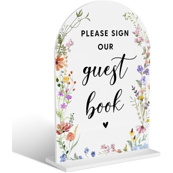 Acrylic Wedding Signs, Bridal Shower Decorations, Modern Arched Round Top Acrylic Table Top Sign with Holder for Wedding Reception Party Dinner - Please Sign Our Guestbook