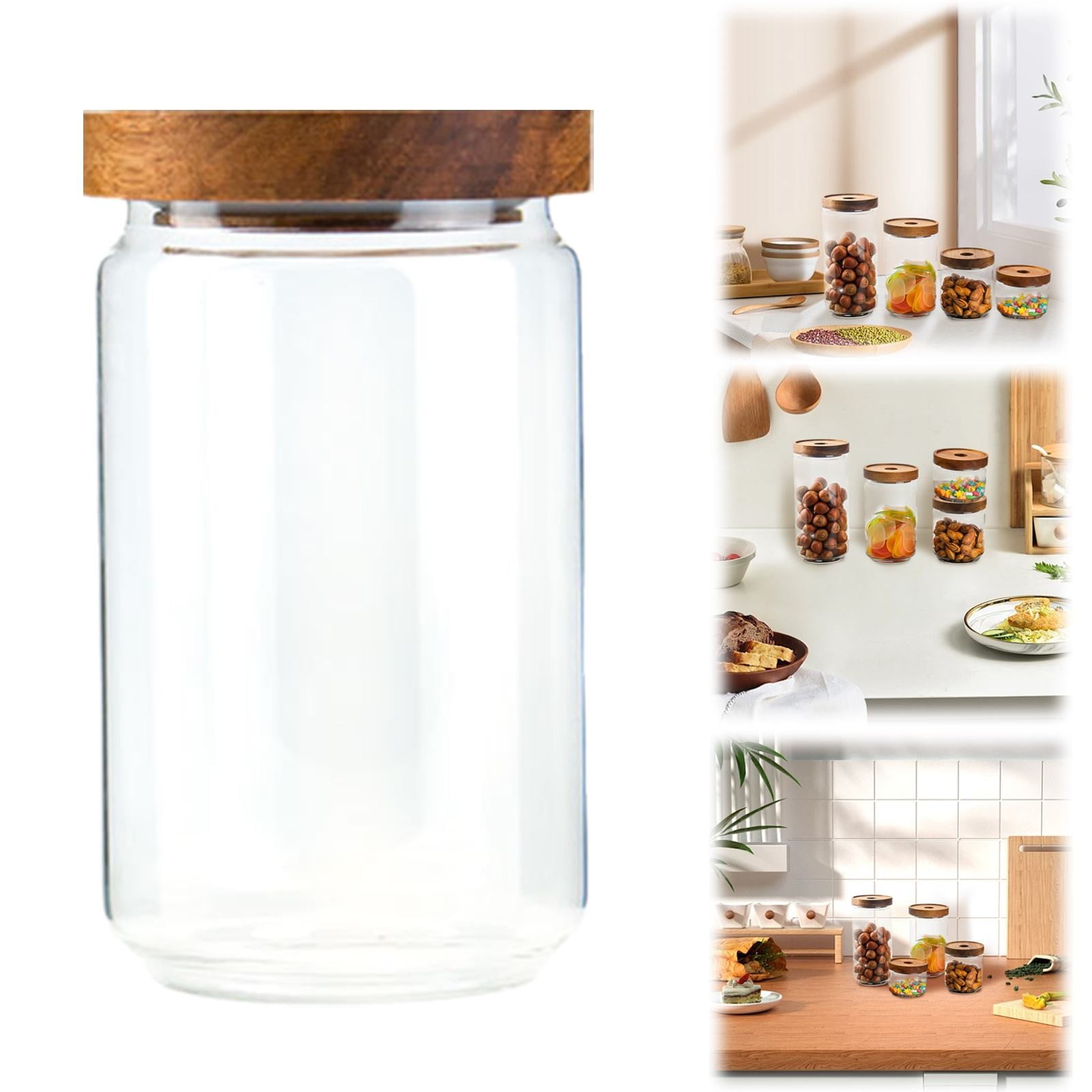 MOQIN Airtight Glass Food Storage Jars, Clear Glass Food Storage Container with Sealing Wooden Lid, Stackable Spice Jar, Round Kitchen Canister for Sugar, Tea, Coffee bean, Pasta, Oat