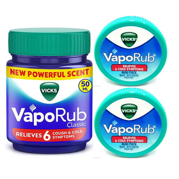 Vicks VapoRub Regular Set – 50 ml Jar   Two 5 ml Mini Balms Travel Size Menthol & Eucalyptus