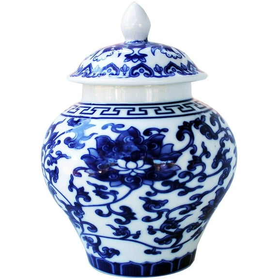 Ancient Chinese Style Blue and White Porcelain Lotus Helmet-Shaped Temple Jar. Medium size