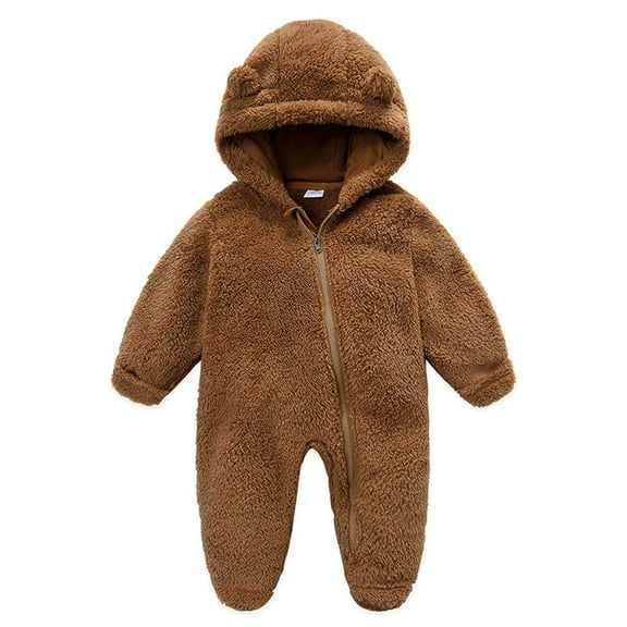 Newborn Baby Jumpsuit Hooded Fleece Rompers Long Sleeve Onesies Outwear Outfits Brown 0-3 Months