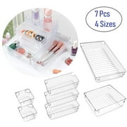 4-Size Clear Plastic Drawer Organizer Containers, Storage for Desk Drawers Trays, Kitchen Bathroom Makeup Drawer Dividers with Large Capacity Bins, Trays for Bedroom Dresser Drawer (7 Pack)