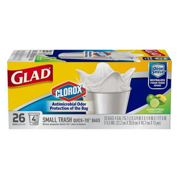 GLAD Small Trash Bags Odor-Shield 2 Pack / 26 Each 4 GAL Quick-Tie, CLEAN CITRUS