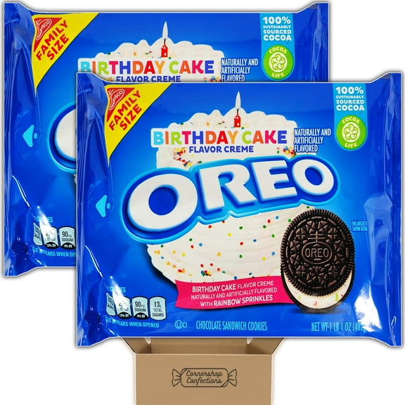 Family Size Birthday Cake Oreo Bulk Pack - 2 Individually Sealed 17 Ounce Trays - 100% Sustainably Sourced Cocoa - On The Go Snacks, Lunches, Movies in Cornershop Confections Pack